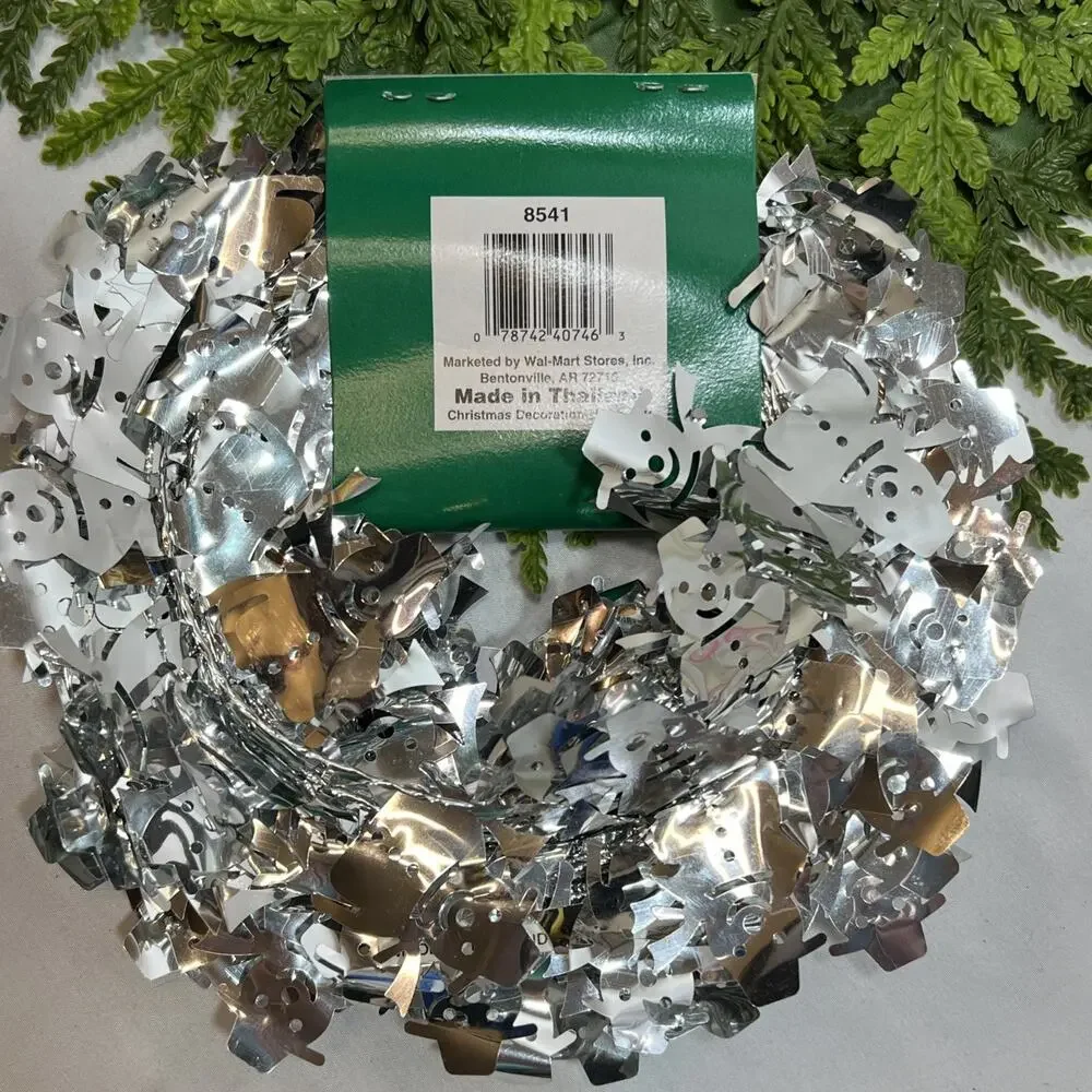 Vintage Silver Foil Tinsel Snowman Garland 25 Ft Wired Christmas Snowmen NOS